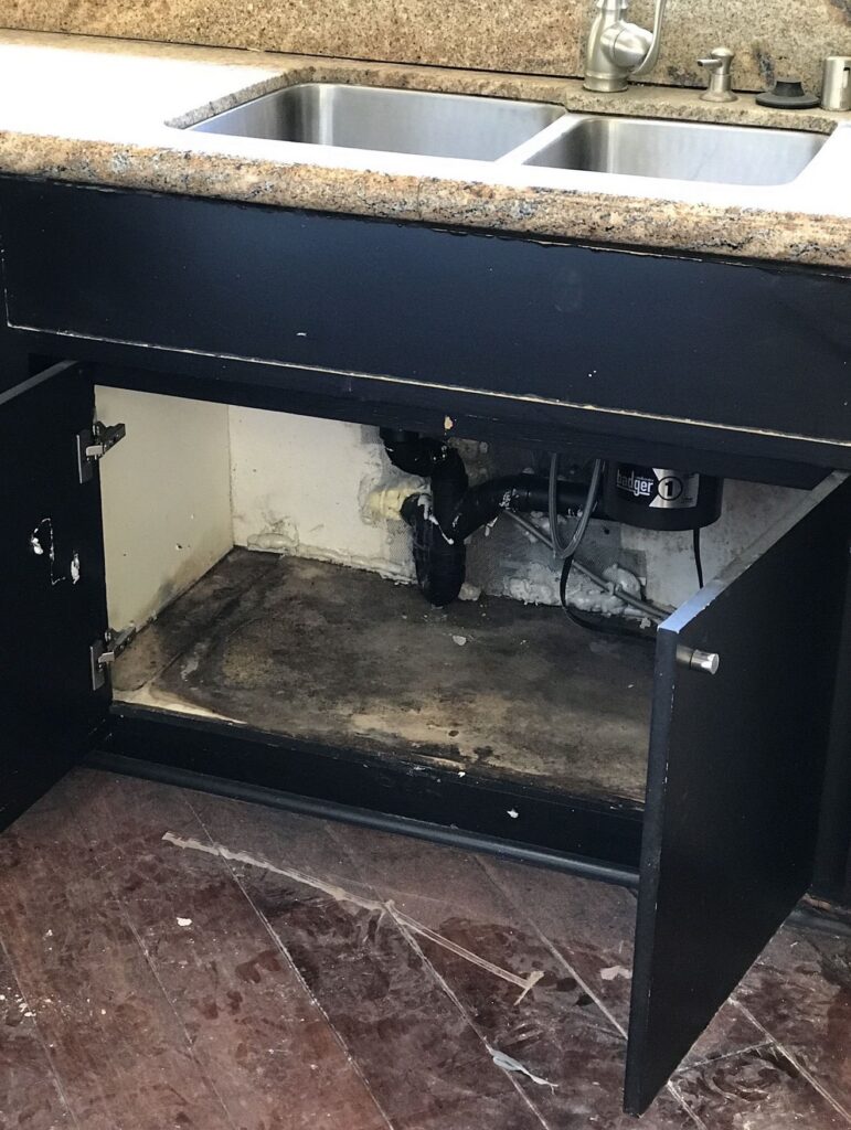 Musty Smell but No Visible Mold? Where Mold May Be Hiding 1 Hidden mold and moisture damage under kitchen sink cabinet