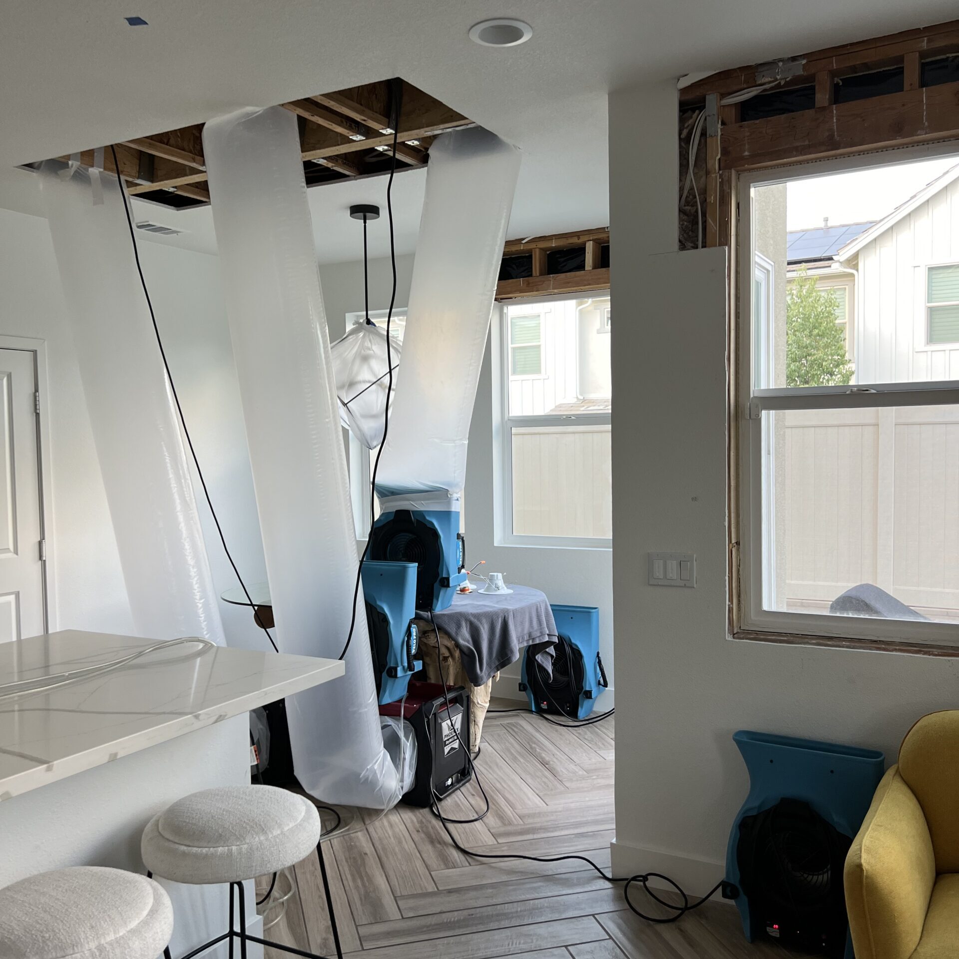 Mold removal specialists removing excess water from an attic.