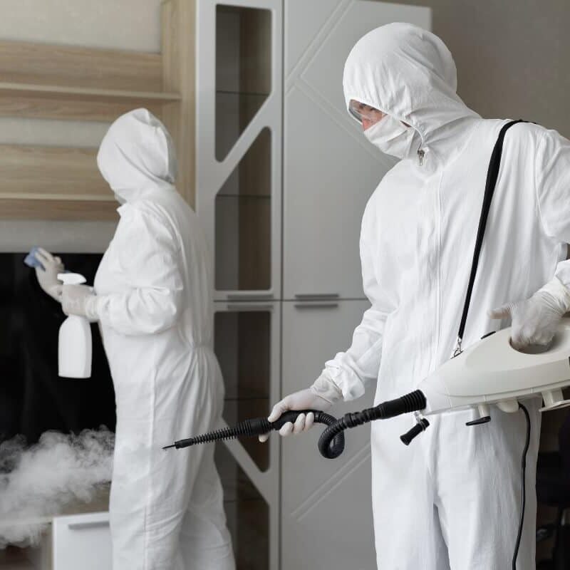 Professional mold removal specialists from Mold Fix Inc. spraying disinfectors around the house.